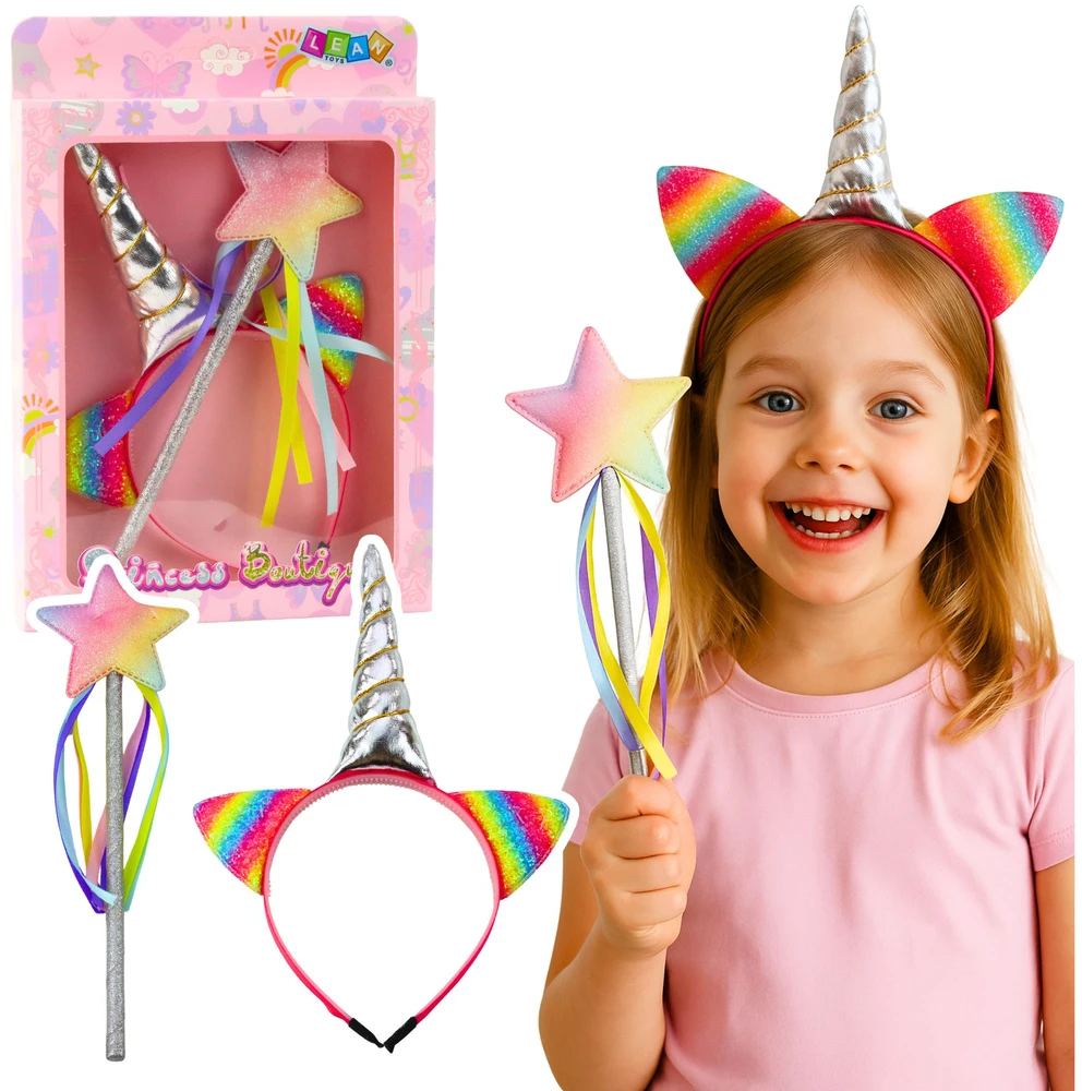 Lean Toys Vaikų aksesuarų rinkinys „Princesės Vienaragis“ su lankeliu ir lazdele