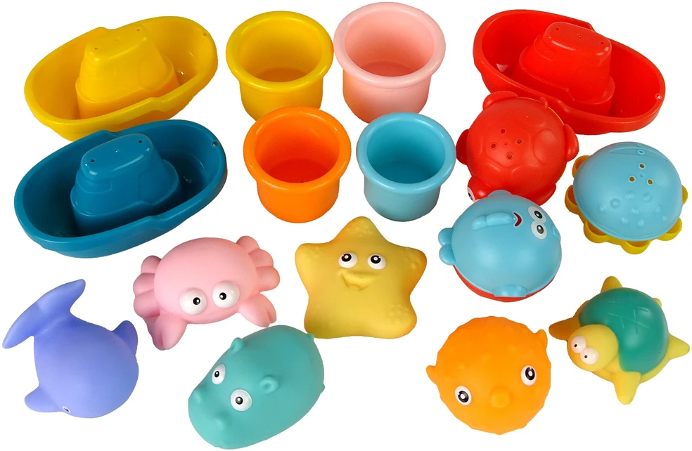 Vonios ir sodo žaislų rinkinys su tinkleliu Lean Toys, 17 vnt.