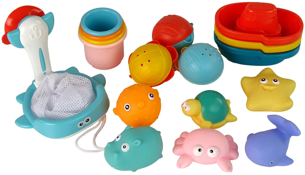 Vonios ir sodo žaislų rinkinys su tinkleliu Lean Toys, 17 vnt.