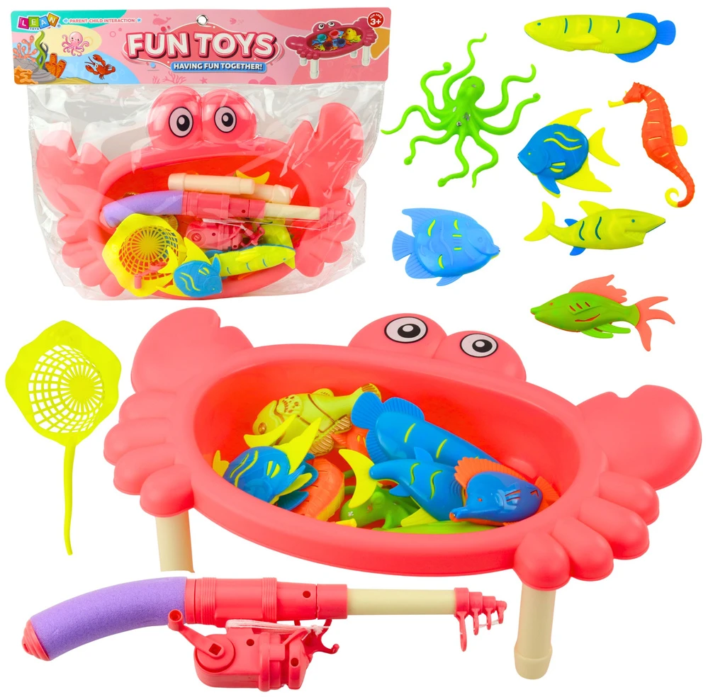 Lean Toys Žvejybos rinkinys vaikams: rožinis krabų staliukas su meškere ir žuvytėmis