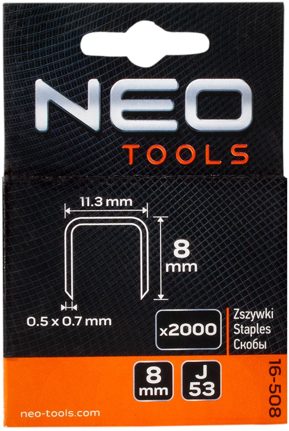 Neo Zszywki J tipo sąsagos, 8 mm, 2000 vnt.