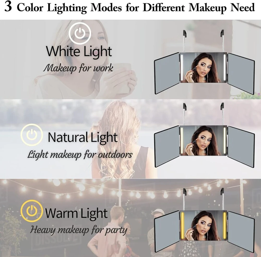 3-pusis veidrodis su LED šviesa