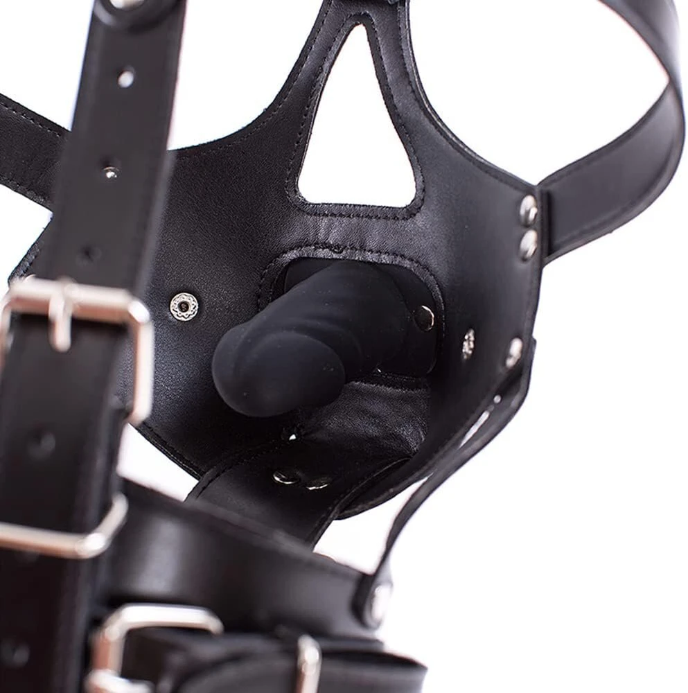 BDSM Odinis galvos surišimas su nuimamu silikoniniu dildo