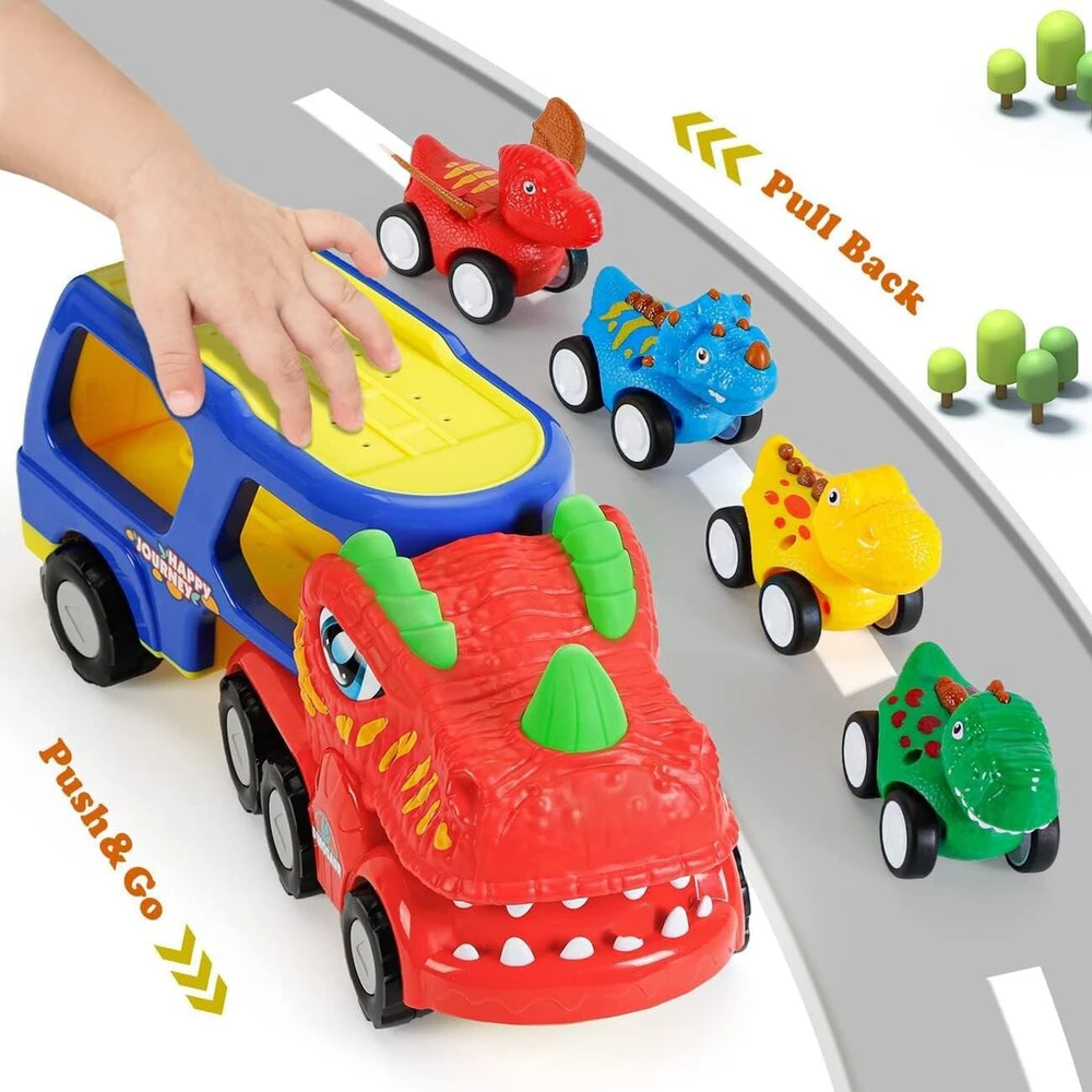 Dinozauro formos sunkvežimis su automobiliais