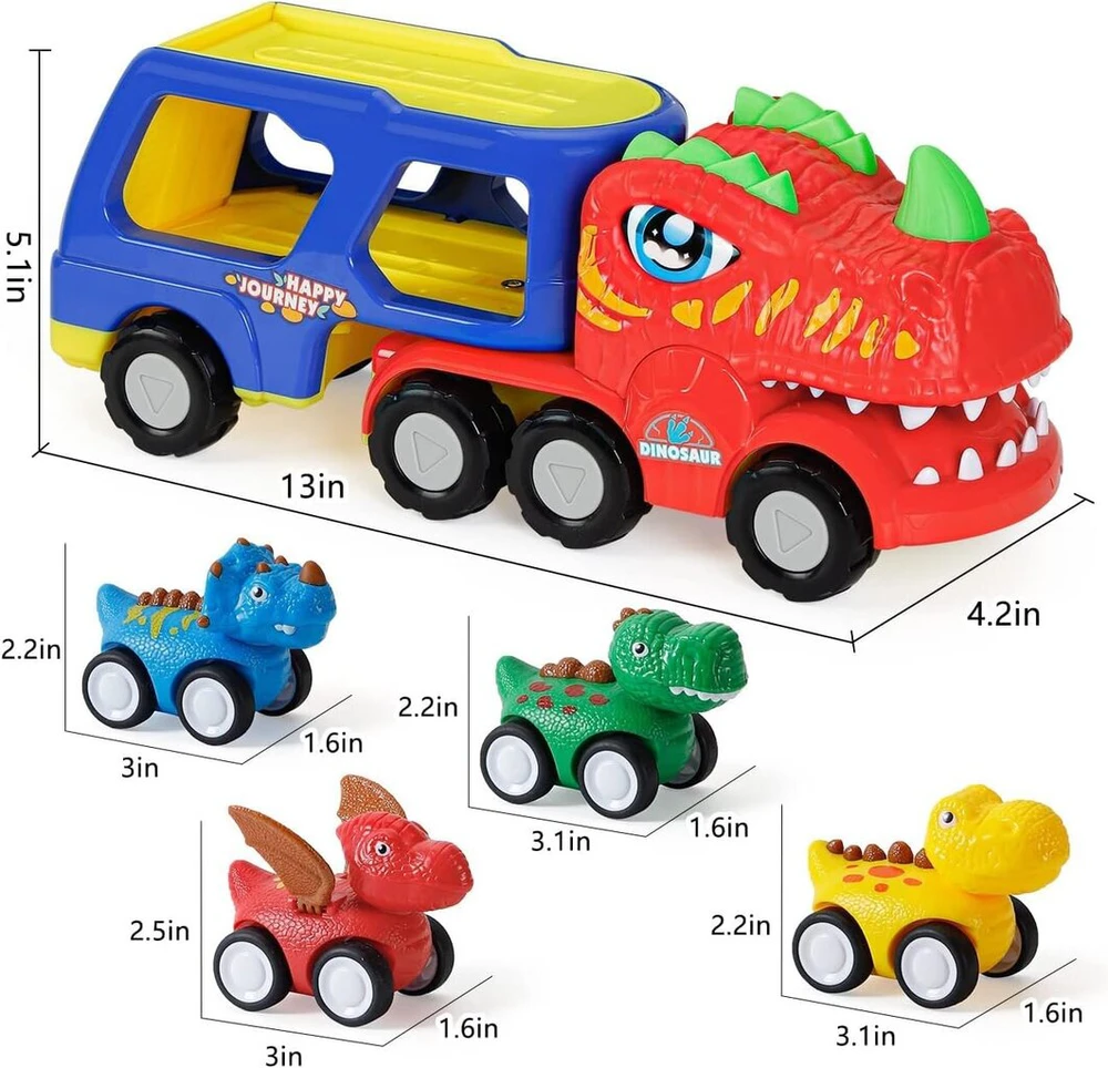 Dinozauro formos sunkvežimis su automobiliais