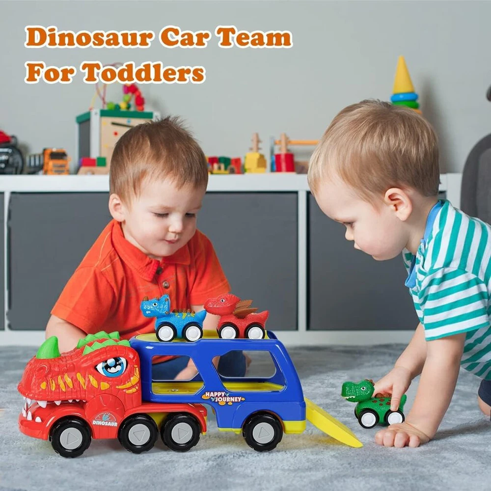 Dinozauro formos sunkvežimis su automobiliais