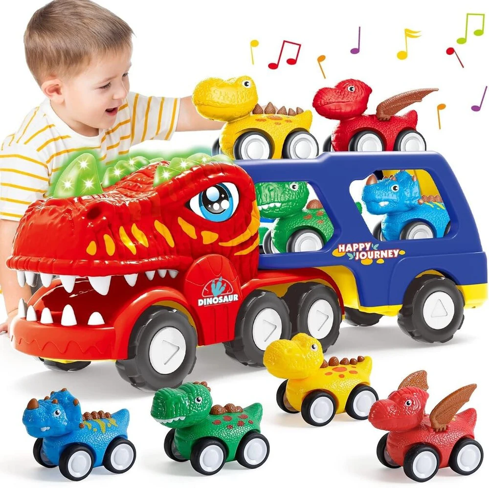 Dinozauro formos sunkvežimis su automobiliais