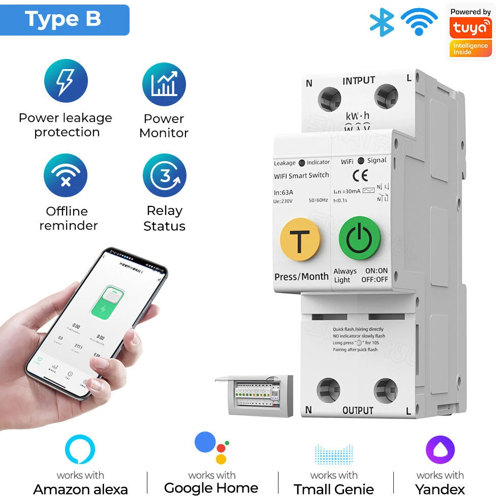 Elektros grandinės pertraukiklis Tuya Smart Wifi 63 Amp 2P