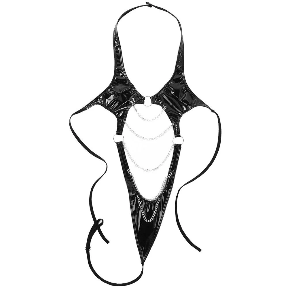 Erotinis apatinis trikotažas moterims Sexy Leather One-Piece Bandage Underwear, juodas