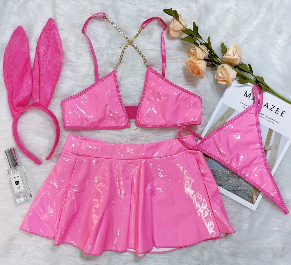 Keturių dalių apatinio trikotažo komplektas Leather Bunny, rožinis XL