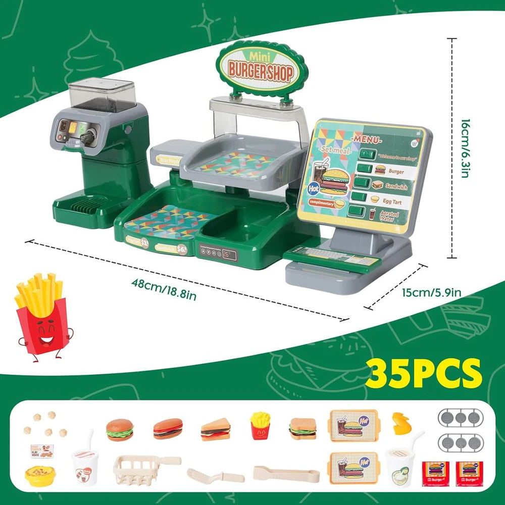 Mėsainių parduotuvė su kasos aparatu ir kavos aparatu Burgershop