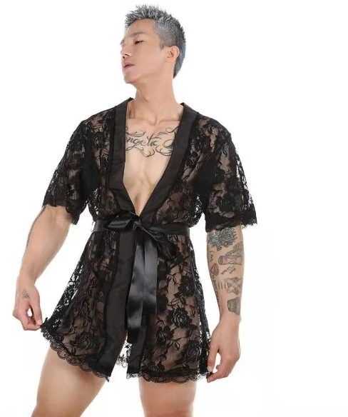 Seksualus vyriškas chalatas + apatinis trikotažas, juodas