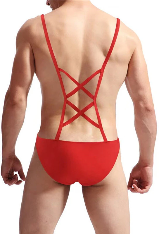 Seksualūs vyriški stringai su petnešėlėmis, raudoni