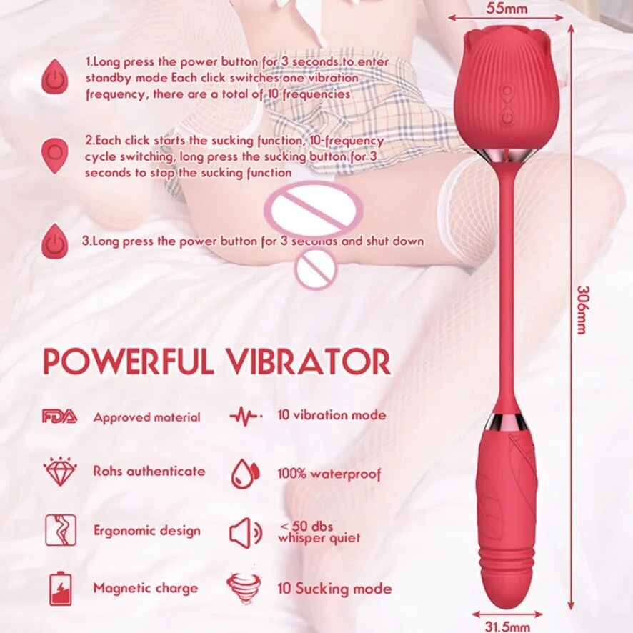 Teleskopinis vibratorius 2in1 Rose Pulsator, raudonas