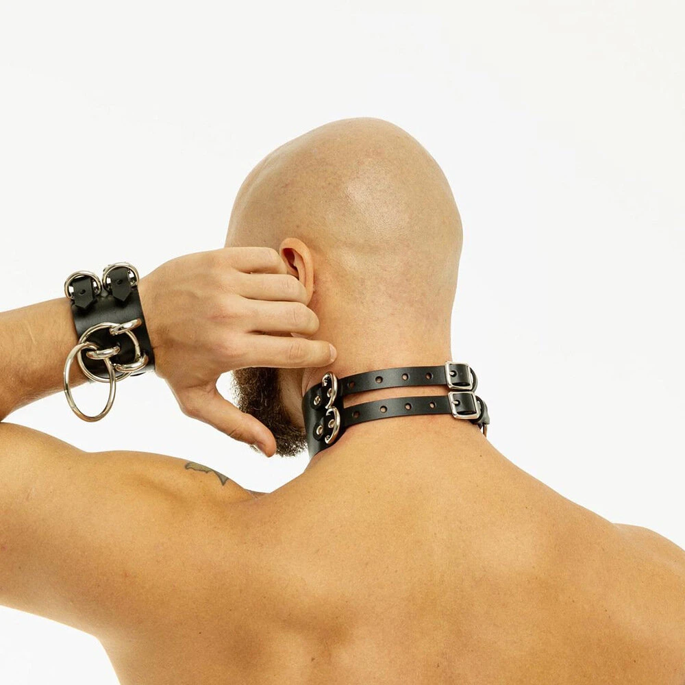 Vyriškų BDSM antrankių ir kaklo pavadėlio rinkinys