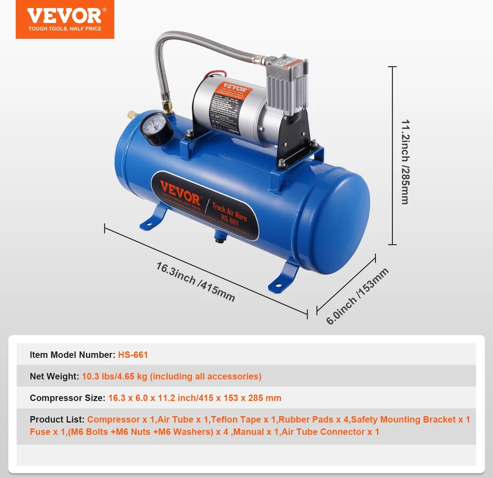 12V oro kompresoriaus rinkinys su 6 L bakeliu. garso signalams. slėgis 90-120 PSI