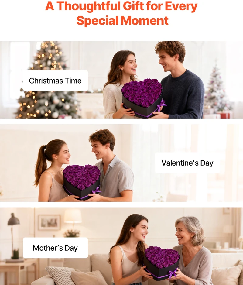 27 stabilizuotos rožės dėžutėje širdies formos. violetinės spalvos