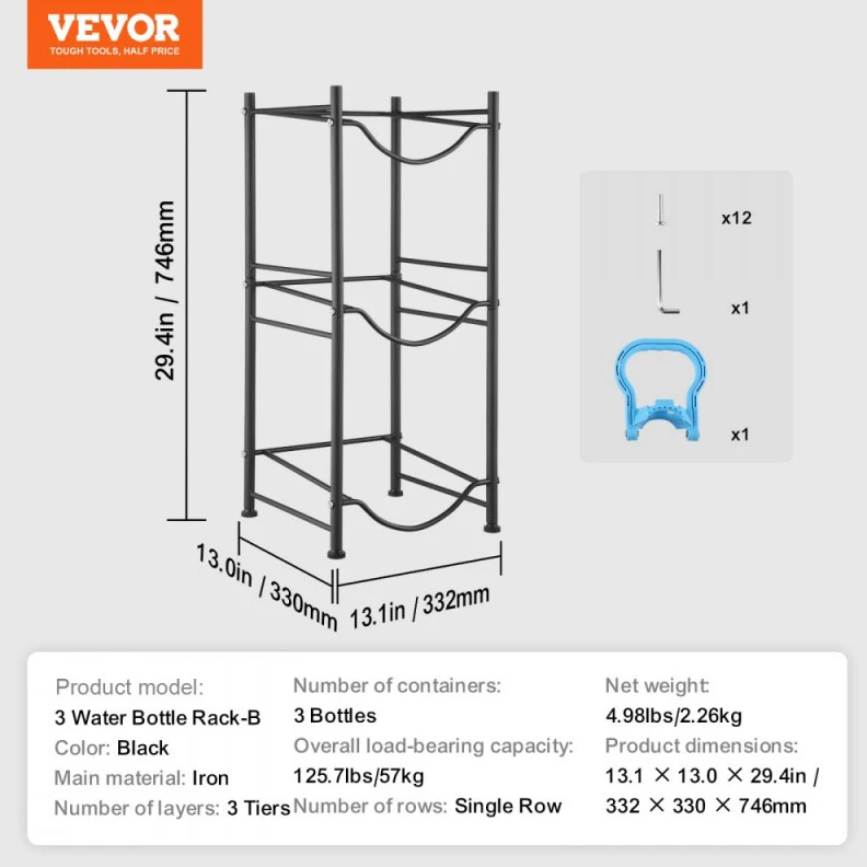 3 lentynų vandens butelių (19 l) stovas, vienos eilės, 3 buteliams V02