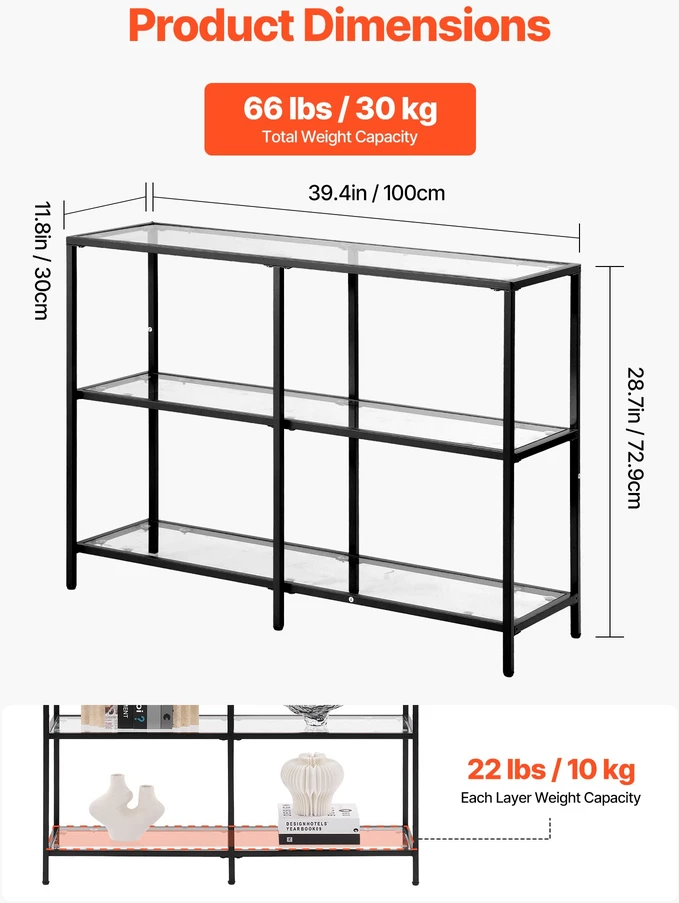 3 lygių stiklinis konsolinis staliukas 100 x 30 x 72.9 cm. metalinės kojos. juodas