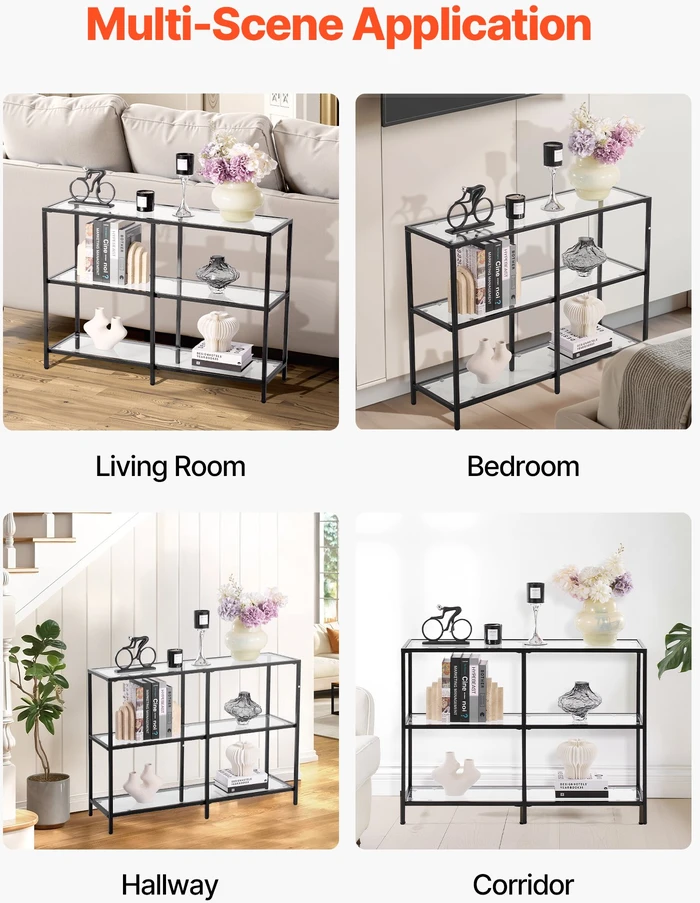 3 lygių stiklinis konsolinis staliukas 100 x 30 x 72.9 cm. metalinės kojos. juodas