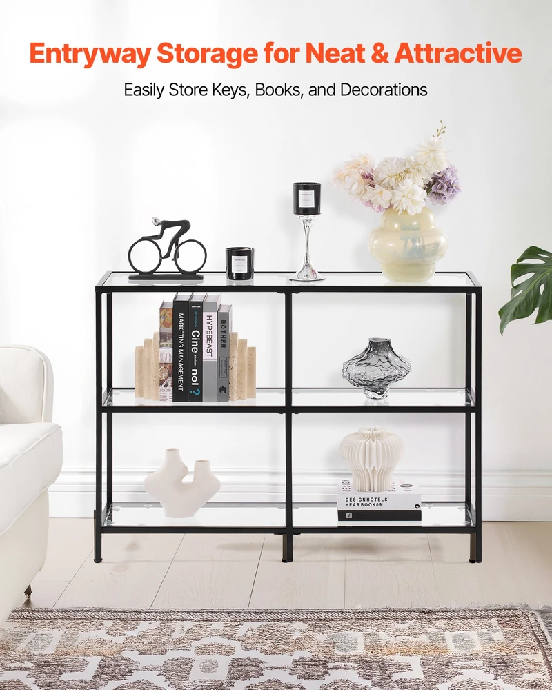 3 lygių stiklinis konsolinis staliukas 100 x 30 x 72.9 cm. metalinės kojos. juodas