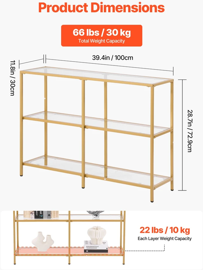 3 lygių stiklinis konsolinis staliukas 100x30x72.9 cm. grūdintas stiklas. aukso spalvos