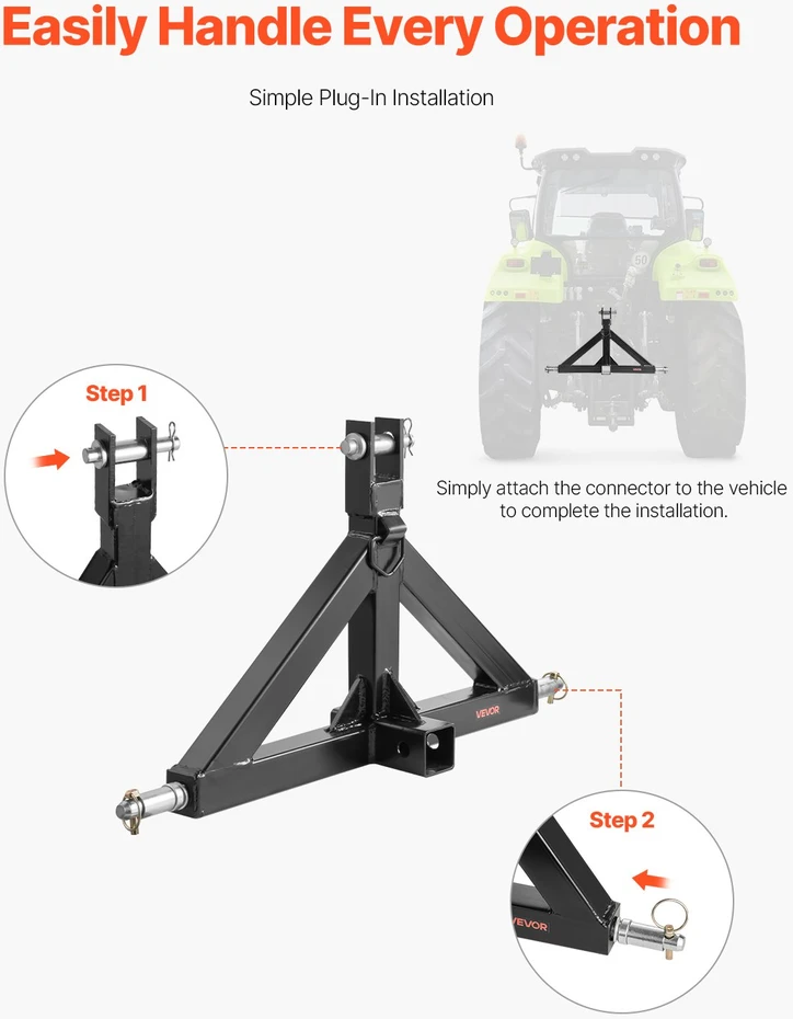 3 taškų greito prijungimo adapteris traktoriams su 50.8mm imtuvu. keliamoji galia 1360kg