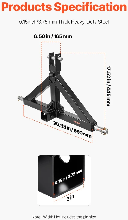 3 taškų greito prijungimo adapteris traktoriams su 50.8mm imtuvu. keliamoji galia 1360kg
