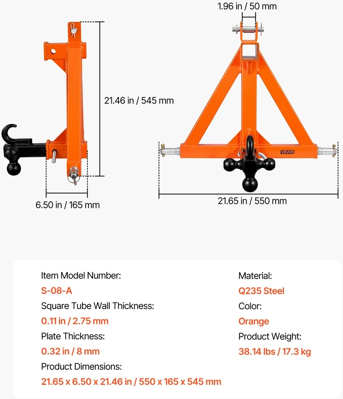 3 taškų priekabos kablys su 2 imtuvais. trikampis 50.8 mm. 3 kabliai. 1 kategorija