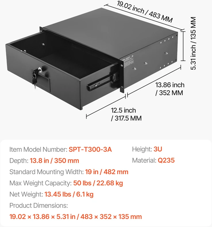 3U stalčius montavimui į spintą, apkrova 22,68 kg, su spynele