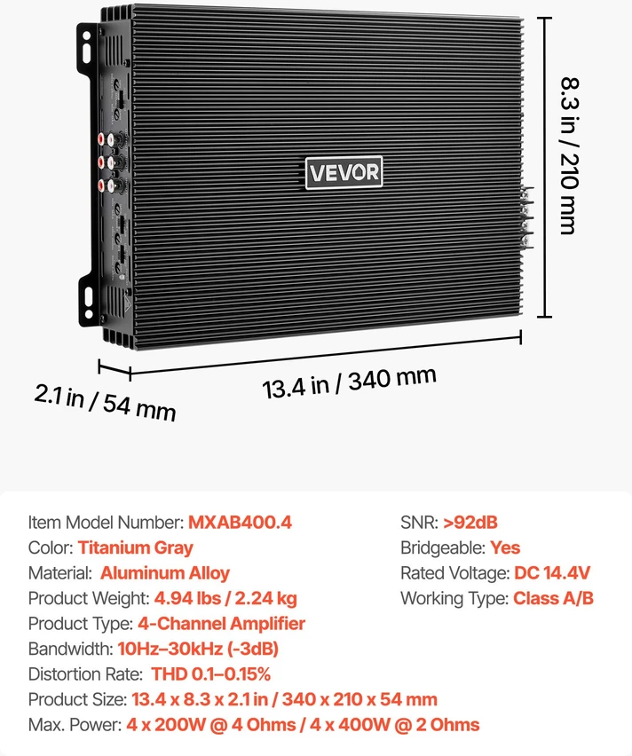 4 kanalų automobilinis garso stiprintuvas. AB klasė. iki 4x200W/4Ω arba 4x400W/2Ω