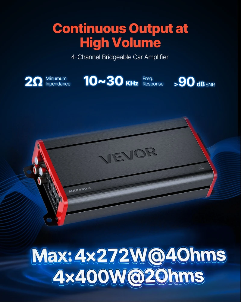 4 kanalų automobilinis stiprintuvas D klasės. iki 4x272 W (4 Ω) / 4x400 W (2 Ω). 14.4 V