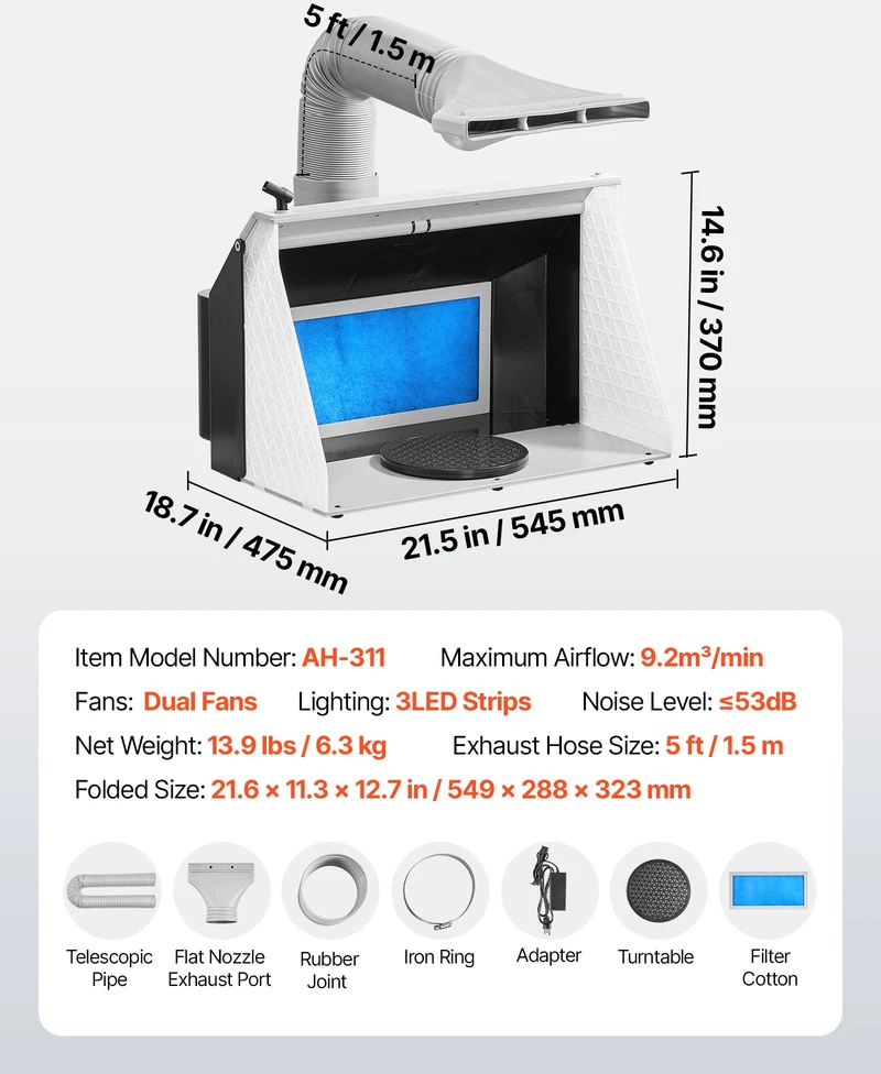 Aerografo dažymo kabina su 2 ventiliatoriais, 545x475x370 mm, LED apšvietimas