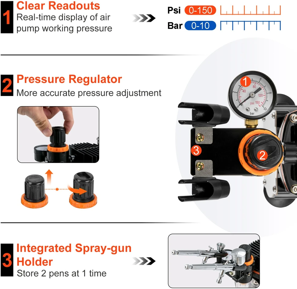 Aerografo kompresoriaus rinkinys 120 W. su antgaliais 0.2/0.3/0.8 mm
