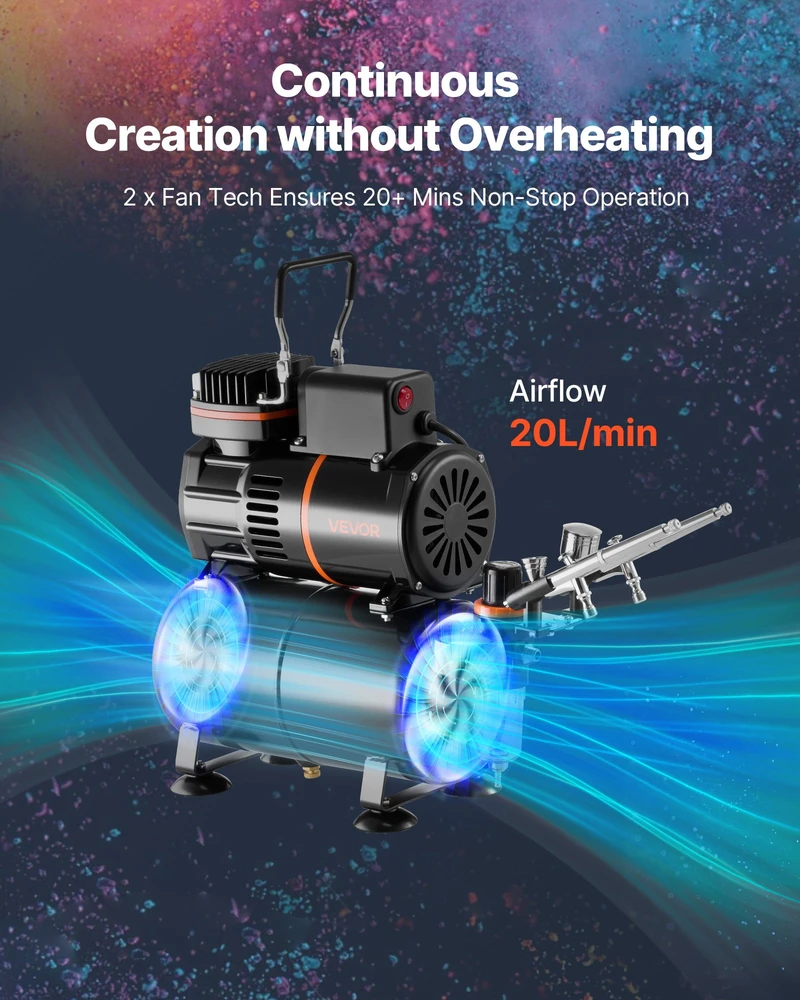Aerografo rinkinys su oro kompresoriumi 1/6 AG. purkštukai 0.3/0.3/0.5 mm. dažymo darbams