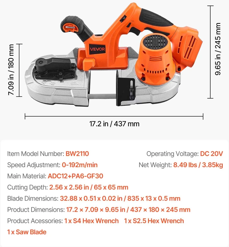Akumuliatorinis juostinis pjūklas 20V gylis 65 mm be šepetėlių variklis nešiojamas