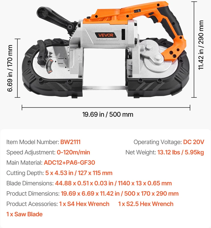 Akumuliatorinis juostinis pjūklas 20V gylis 127 mm be šepetėlių variklis nešiojamas
