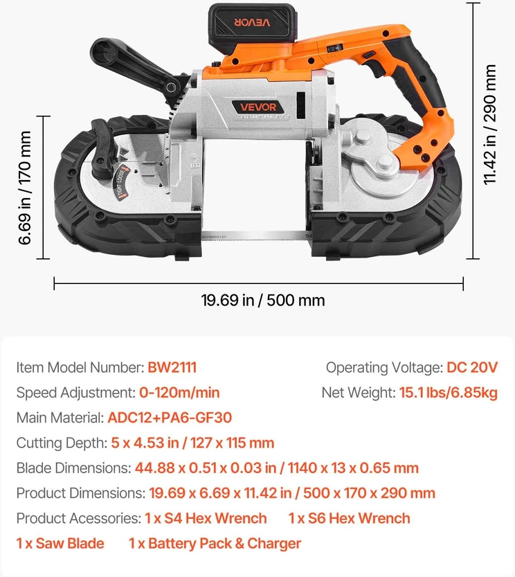 Akumuliatorinis kompaktiškas juostinis pjūklas 20V gylis 127 mm