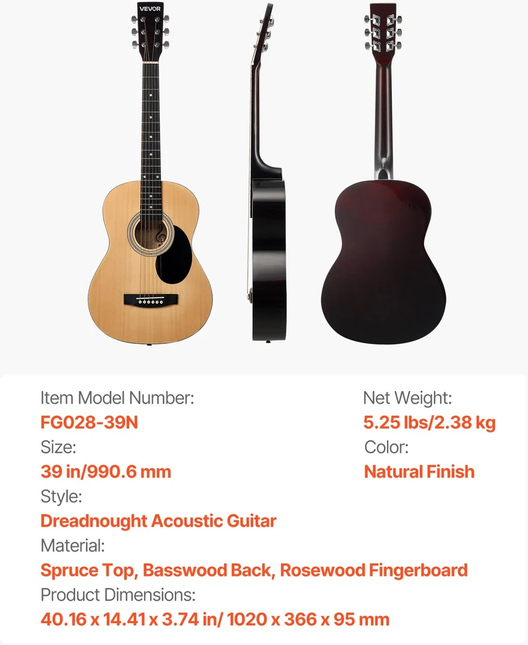 Akustinė gitara Dreadnought 39 col. (990.6 mm). 6 stygos. natūrali spalva