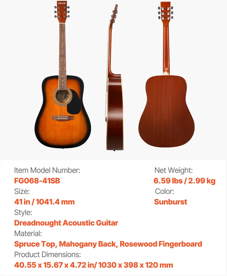 Akustinė gitara Dreadnought 41 col. (1041.4 mm). 6 stygos. sunburst spalvos