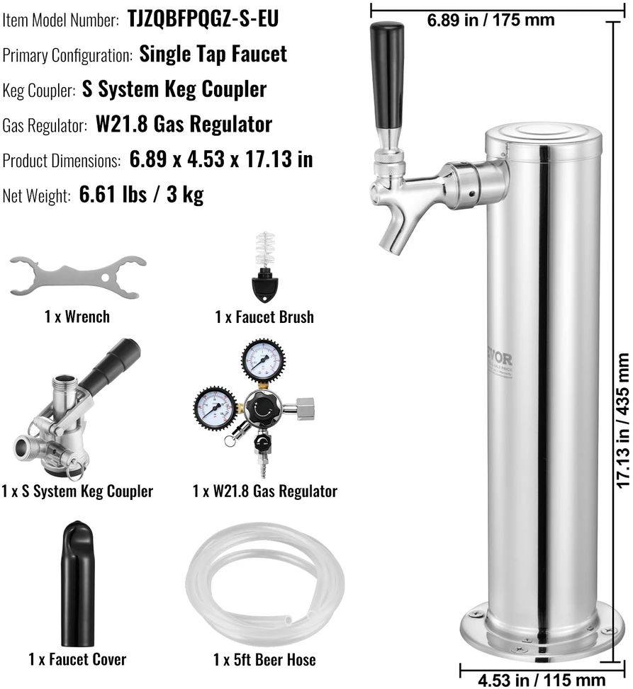 Alaus išpylimo bokštelis su vienu čiaupu. nerūdijančio plieno. W21.8. S-System jungtis