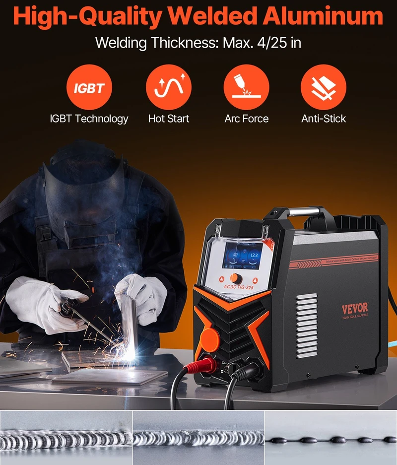 Aliuminio TIG suvirinimo aparatas 225A TIG AC/DC/impulsinis LED ekranas
