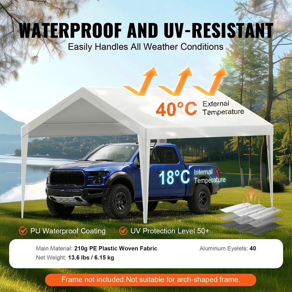 Atsarginė automobilio pastogės danga 304.8x609.6 cm. vandeniui ir UV spinduliams atspari. su elastinėmis kilpelėmis. balta