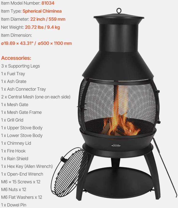 Atspari aukštai temperatūrai kaminų krosnelė (chiminea) 559 mm. rutulio formos geležinis kaminas barbekiu ir šildymui