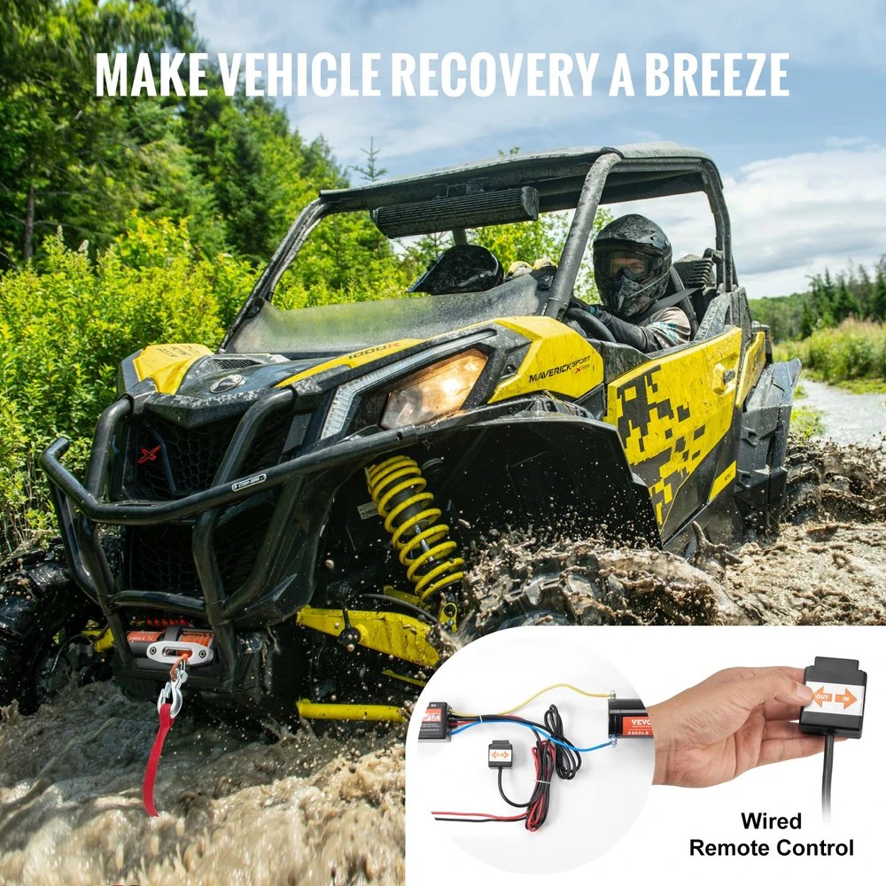 ATV/UTV elektrinė gervė 1588 kg. 12 V. sintetinis lynas. laidinis pultas