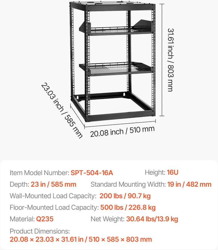 Atviro rėmo tinklo spinta 16U. apkrova iki 68 kg. vėdinamos lentynos. juoda. gylis 585 mm
