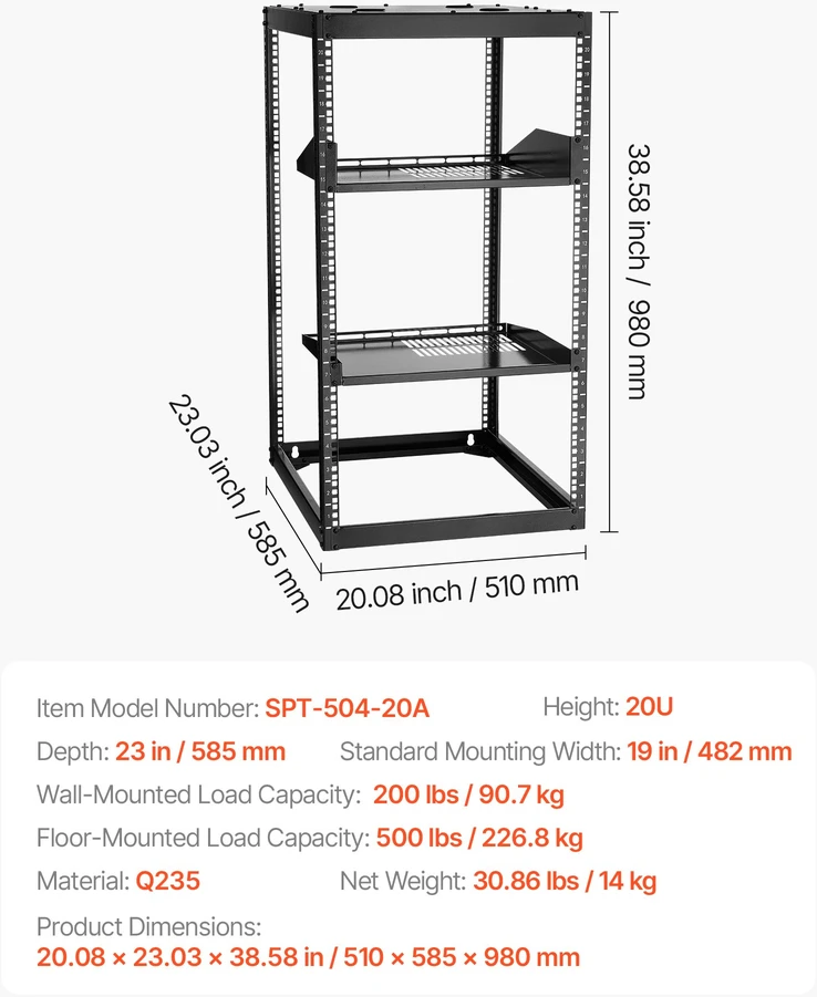 Atviro rėmo tinklo spinta 20U. keliamoji galia 68 kg. gylis 585 mm. tinklo įrangai. juoda