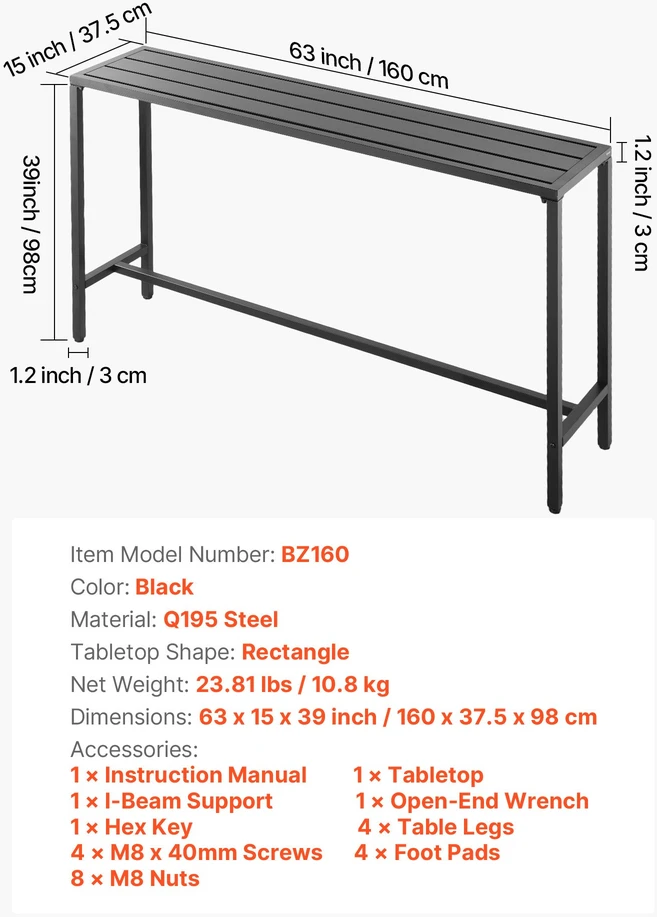Aukštas lauko baro stalas 160 x 37.5 cm. metalinis rėmas. vandeniui atsparus