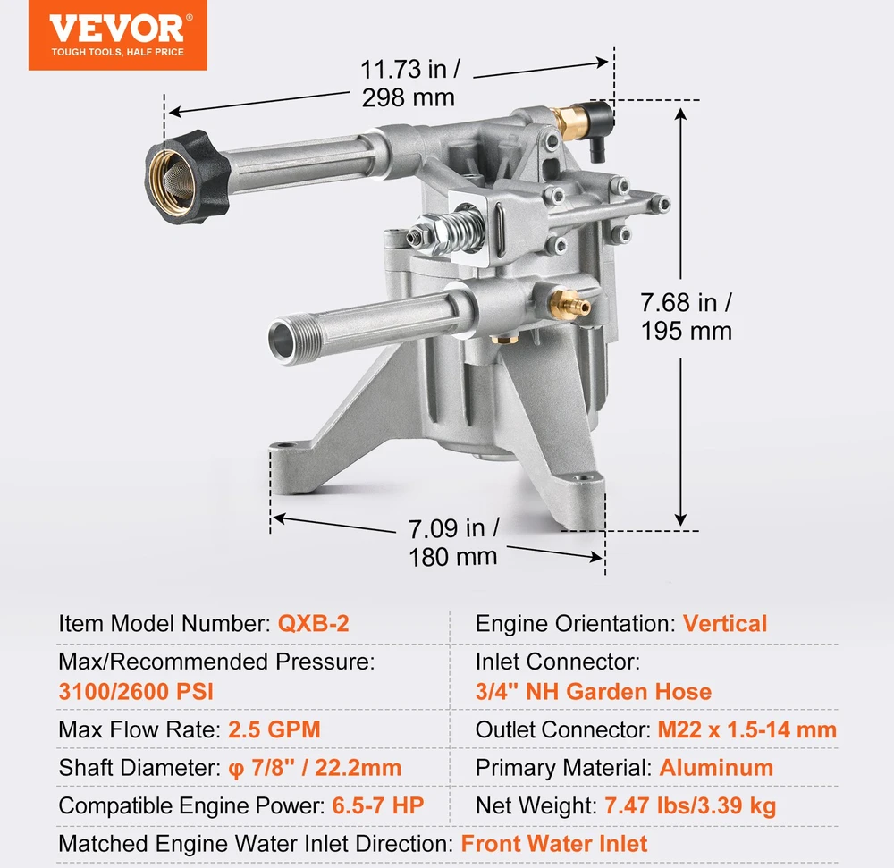 Aukšto slėgio plovimo mašinos pompa. vertikali ašis 22.2 mm. 3100 PSI. 2.5 GPM
