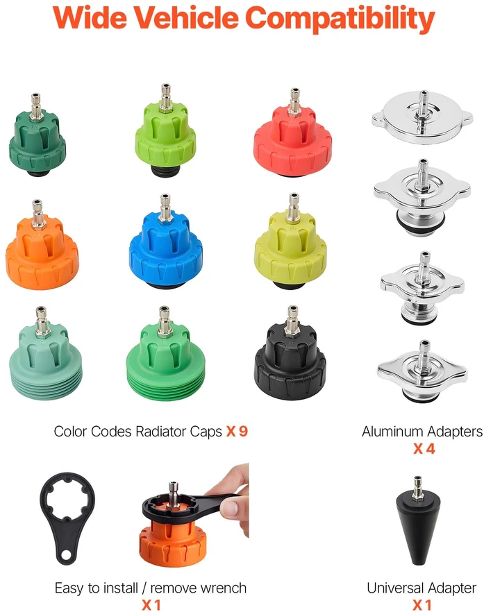 Aušinimo sistemos slėgio testerių rinkinys. 22 dalys. su 4 metaliniais adapteriais ir pompa
